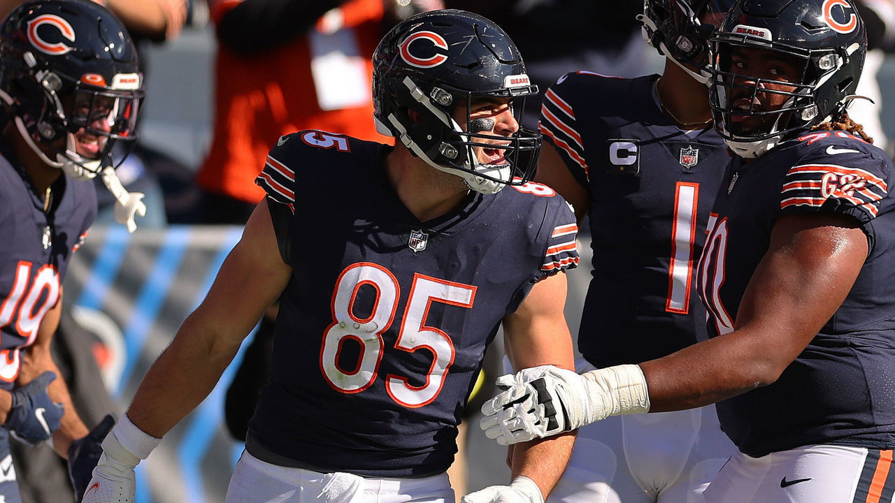 CHICAGO, ILLINOIS - NOVEMBER 06: Cole Kmet #85 of the Chicago Bears celebrates a touchdown against the Miami Dolphins at Soldier Field on November 06, 2022 in Chicago, Illinois.