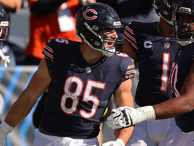 CHICAGO, ILLINOIS - NOVEMBER 06: Cole Kmet #85 of the Chicago Bears celebrates a touchdown against the Miami Dolphins at Soldier Field on November 06, 2022 in Chicago, Illinois.