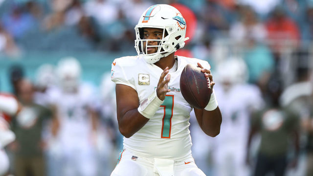 MIAMI GARDENS, FL - NOVEMBER 13: Tua Tagovailoa #1 of the Miami Dolphins throws a pass during the first quarter of an NFL football game against the Cleveland Browns at Hard Rock Stadium on November 13, 2022 in Miami Gardens, Florida.