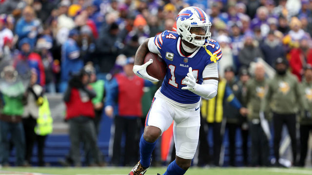 ORCHARD PARK, NEW YORK - NOVEMBER 13: Stefon Diggs #14 of the Buffalo Bills runs upfield during the first quarter against the Minnesota Vikings at Highmark Stadium on November 13, 2022 in Orchard Park, New York.