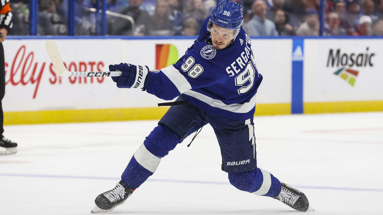 TAMPA, FL - NOVEMBER 13: Mikhail Sergachev #98 of the Tampa Bay Lightning shoots the puck for a goal against the Washington Capitals during the first period at Amalie Arena on November 13, 2022 in Tampa, Florida.