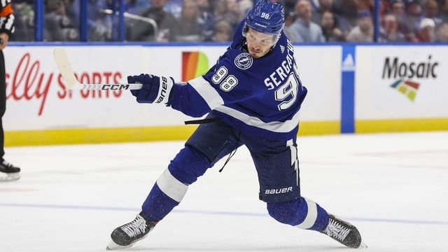 TAMPA, FL - NOVEMBER 13: Mikhail Sergachev #98 of the Tampa Bay Lightning shoots the puck for a goal against the Washington Capitals during the first period at Amalie Arena on November 13, 2022 in Tampa, Florida.