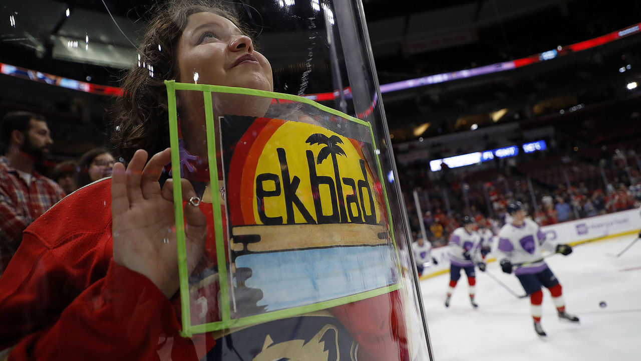 SUNRISE, FLORIDA - NOVEMBER 12: A fan of Aaron Ekblad #5 of the Florida Panthers loans her support during warm ups prior to the start of the game against the Edmonton Oilers at the FLA Live Arena on November 12, 2022 in Sunrise, Florida.
