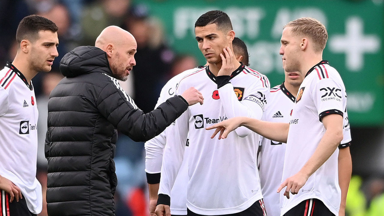 BIRMINGHAM, ENGLAND - NOVEMBER 06: Cristiano Ronaldo of Manchester United listens as manager Erik ten Hag gives instructions in the centre circle of the pitch prior to the second half starting during the Premier League match between Aston Villa and Manchester United at Villa Park on November 06, 2022 in Birmingham, England.