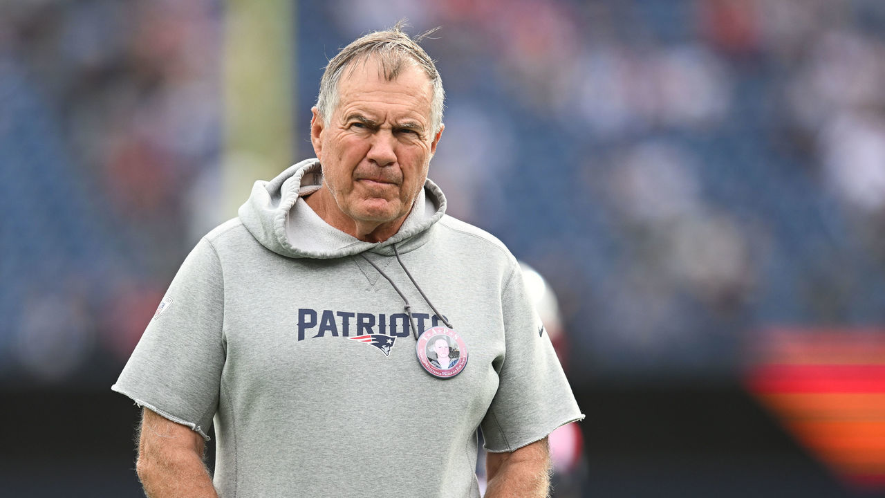 FOXBOROUGH, MA - NOVEMBER 6, 2022: Head coach Bill Belichick of the New England Patriots stands on the field prior to the game against the Indianapolis Colts at Gillette Stadium on November 6, 2022 in Foxborough, Massachusetts.