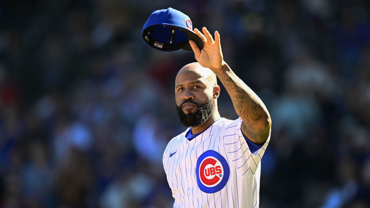 CHICAGO, ILLINOIS - OCTOBER 01: Jason Heyward #22 of the Chicago Cubs reacts after being honored in the fourth inning against the Cincinnati Reds at Wrigley Field on October 01, 2022 in Chicago, Illinois.