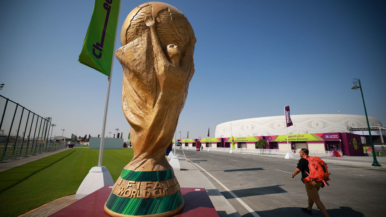 DOHA, QATAR - NOVEMBER 14: A FIFA World Cup trophy monument is seen at the entrance of Al Thumama stadium ahead of the FIFA World Cup Qatar 2022 on November 14, 2022 in Doha, Qatar.