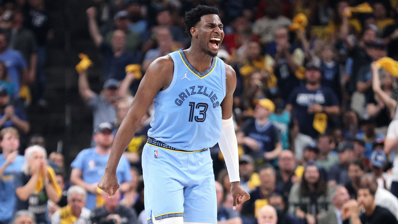 MEMPHIS, TENNESSEE - MAY 11: Jaren Jackson Jr. #13 of the Memphis Grizzlies celebrates a basket against the Golden State Warriors during the second quarter in Game Five of the 2022 NBA Playoffs Western Conference Semifinals at FedExForum on May 11, 2022 in Memphis, Tennessee. NOTE TO USER: User expressly acknowledges and agrees that, by downloading and/or using this photograph, User is consenting to the terms and conditions of the Getty Images License Agreement.