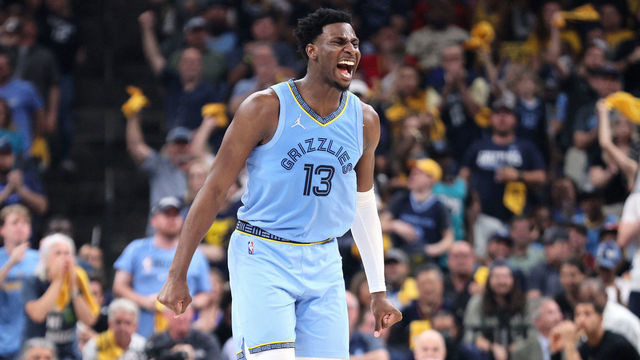 MEMPHIS, TENNESSEE - MAY 11: Jaren Jackson Jr. #13 of the Memphis Grizzlies celebrates a basket against the Golden State Warriors during the second quarter in Game Five of the 2022 NBA Playoffs Western Conference Semifinals at FedExForum on May 11, 2022 in Memphis, Tennessee. NOTE TO USER: User expressly acknowledges and agrees that, by downloading and/or using this photograph, User is consenting to the terms and conditions of the Getty Images License Agreement.