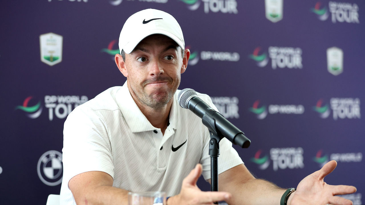 DUBAI, UNITED ARAB EMIRATES - NOVEMBER 15: Rory McIlroy of Northern Ireland attends the press conference during the DP World Tour Championship - Rolex Pro-AM prior to the DP World Tour Championship on the Earth Course at Jumeirah Golf Estates on November 15, 2022 in Dubai, United Arab Emirates.