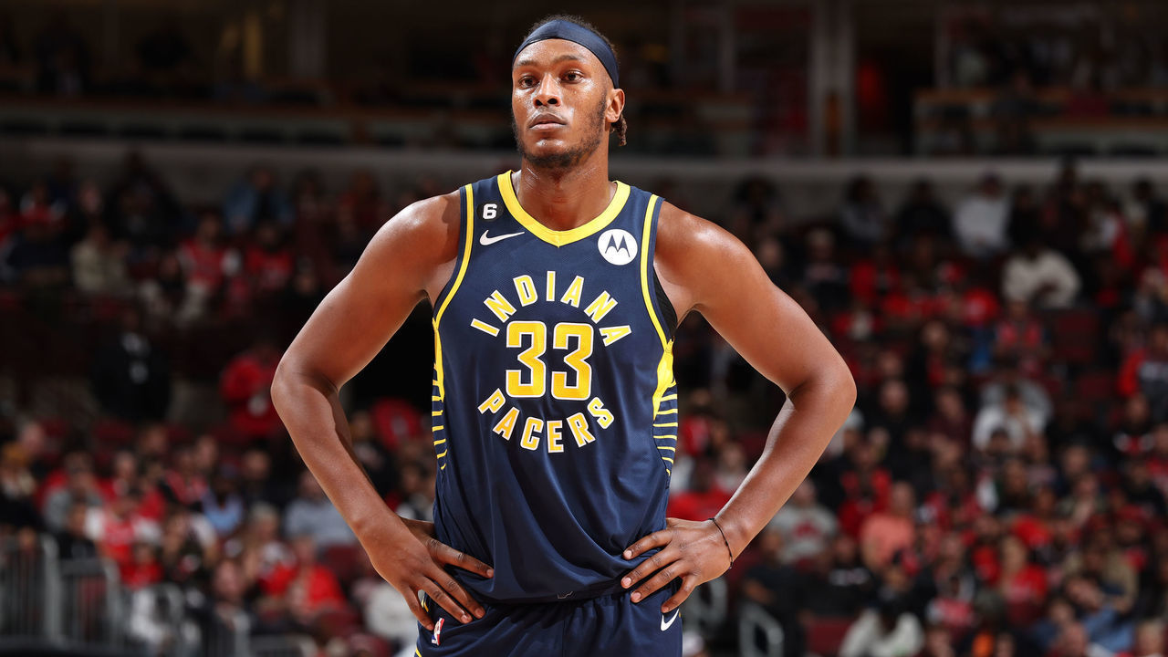 CHICAGO, IL - OCTOBER 26: Myles Turner #33 of the Indiana Pacers looks on during the game against the Chicago Bulls on October 26, 2022 at United Center in Chicago, Illinois. Mandatory Copyright Notice: Copyright 2022 NBAE