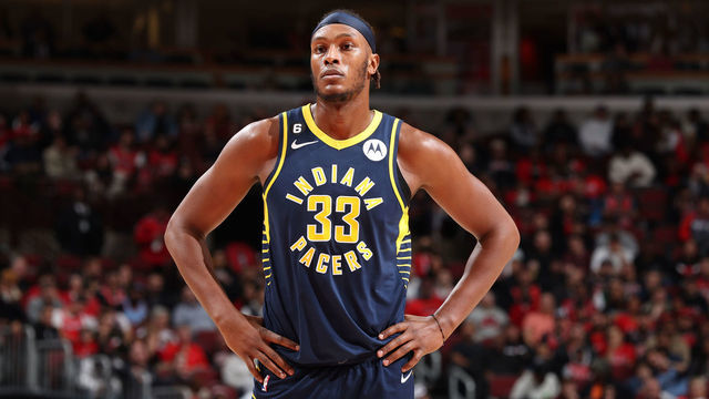 CHICAGO, IL - OCTOBER 26: Myles Turner #33 of the Indiana Pacers looks on during the game against the Chicago Bulls on October 26, 2022 at United Center in Chicago, Illinois. Mandatory Copyright Notice: Copyright 2022 NBAE