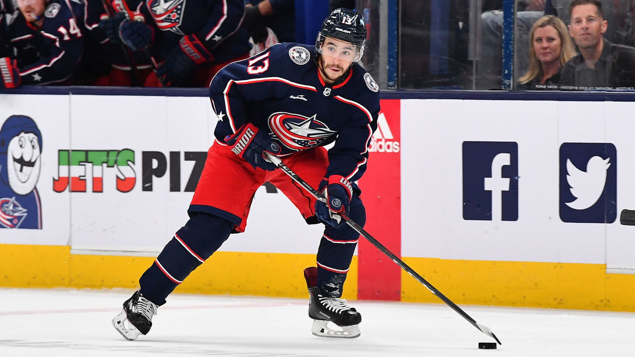 COLUMBUS, OHIO - NOVEMBER 10: Johnny Gaudreau #13 of the Columbus Blue Jackets skates with the puck during the first period of a game against the Philadelphia Flyers at Nationwide Arena on November 10, 2022 in Columbus, Ohio.
