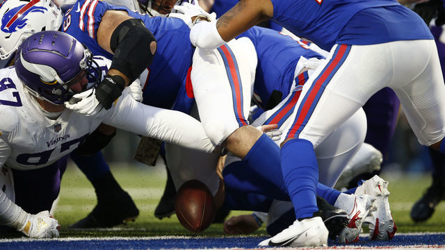ORCHARD PARK, NEW YORK - NOVEMBER 13: Josh Allen #17 of the Buffalo Bills fumbles the ball on his goal line late in the fourth quarter against the Minnesota Vikings at Highmark Stadium on November 13, 2022 in Orchard Park, New York. The Minnesota Vikings would recover the fumble for a touchdown.