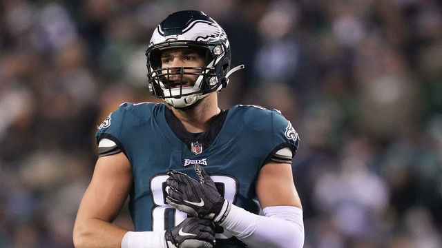 PHILADELPHIA, PA - NOVEMBER 14: Dallas Goedert #88 of the Philadelphia Eagles looks on against the Washington Commanders at Lincoln Financial Field on November 14, 2022 in Philadelphia, Pennsylvania.