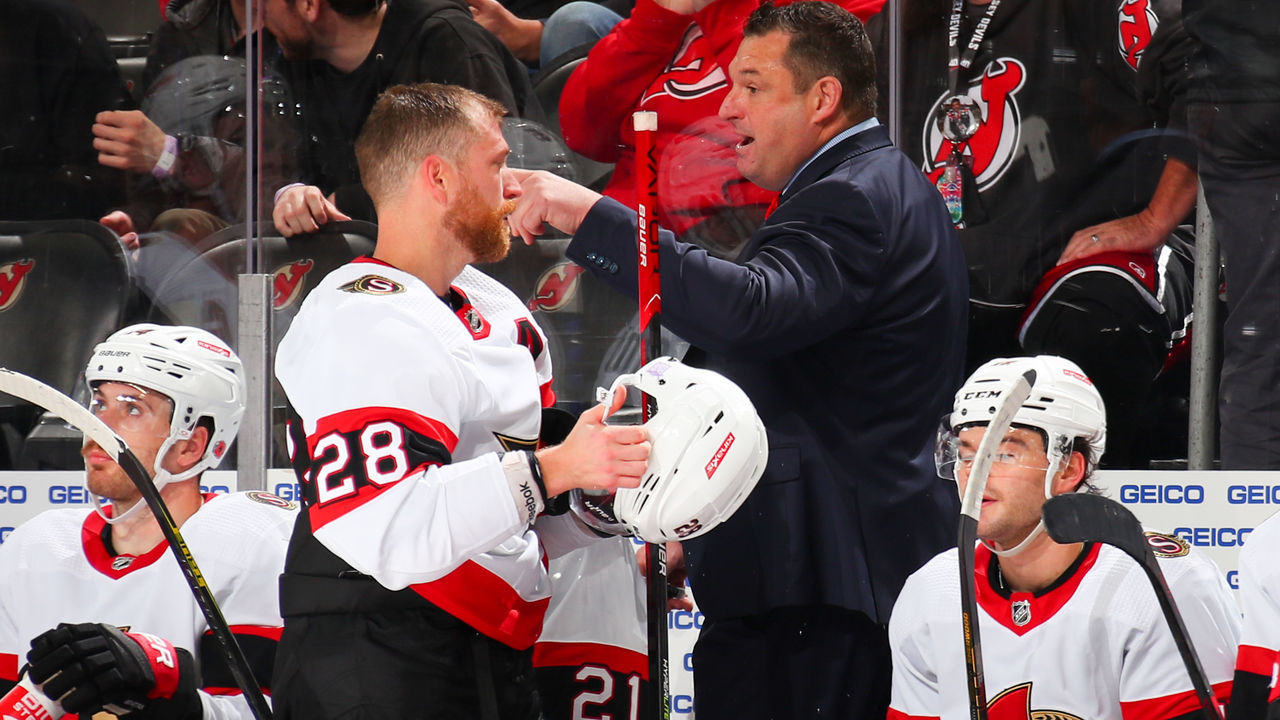 NEWARK, NJ - NOVEMBER 10: D.J. Smith Ottawa Senators head coach talks with Claude Giroux #28 of the Ottawa Senators during the game against the New Jersey Devils on November 10, 2022 at the Prudential Center in Newark, New Jersey.