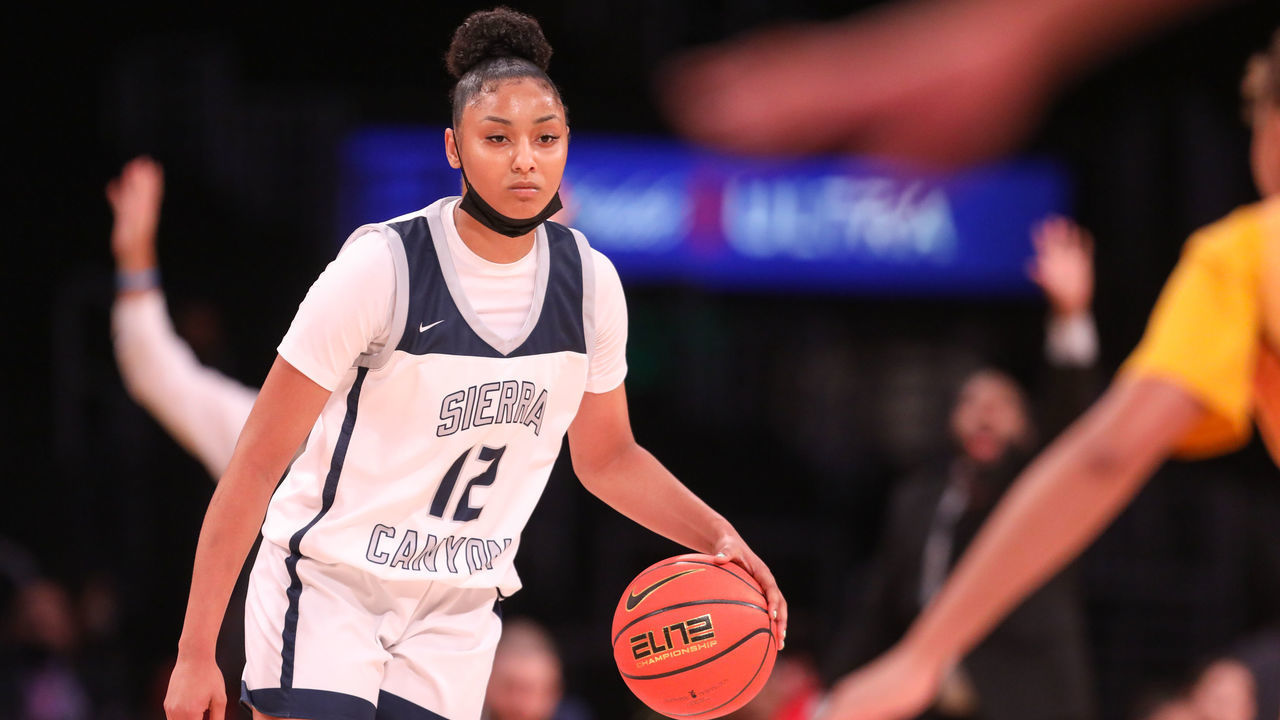 LOS ANGELES, CA - DECEMBER 04: Juju Watkins of Sierra Canyon drives the ball against a Christ the King player during The Chosen - 1's Invitational High School Basketball Showcase at the Staples Center on Saturday, Dec. 4, 2021 in Los Angeles, CA. (Jason Armond / Los Angeles Times via Getty Images)
