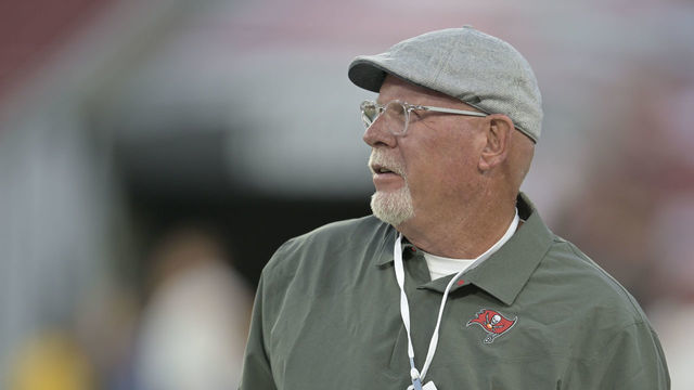 TAMPA, FL - OCTOBER 02: Tampa Bay Senior Assistant to the General Manager Bruce Arians looks on prior to a game between the Kansas City Chiefs and the Tampa Bay Buccaneers on October 02, 2022, at Raymond James Stadium in Tampa, FL.