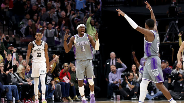 SACRAMENTO, CALIFORNIA - NOVEMBER 15: Terence Davis #3 of the Sacramento Kings reacts during their game against the Brooklyn Nets at Golden 1 Center on November 15, 2022 in Sacramento, California.