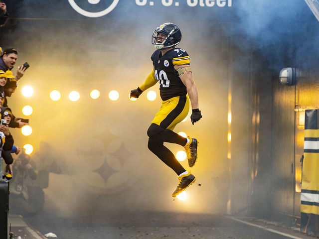 PITTSBURGH, PA - NOVEMBER 13: Pittsburgh Steelers linebacker T.J. Watt (90) is announced during the national football league game between the New Orleans Saints and the Pittsburgh Steelers on November 13, 2022 at Acrisure Stadium in Pittsburgh, PA.