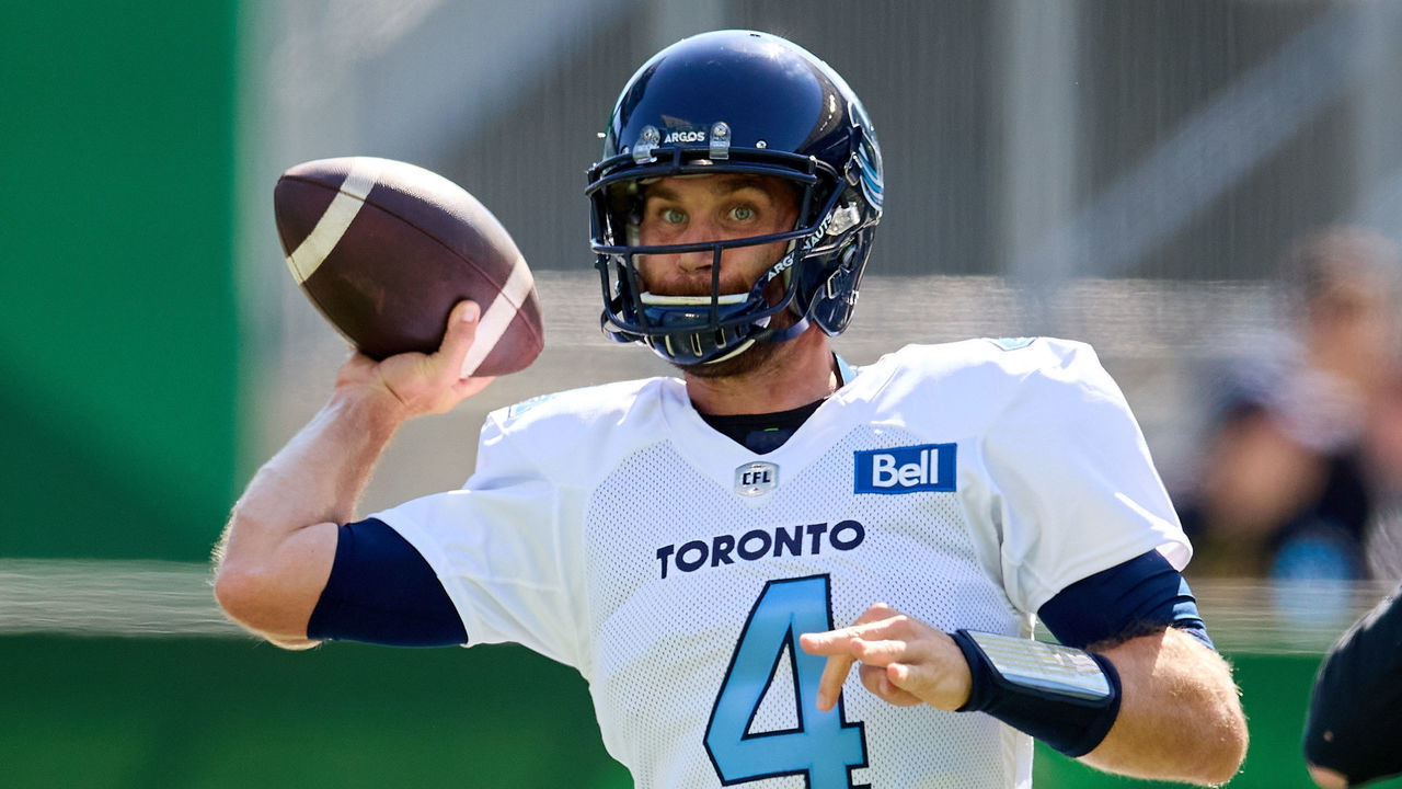 REGINA, SK - JULY 24: McLeod Bethel-Thompson #4 of the Toronto Argonauts warms up before the game against the Saskatchewan Roughriders at Mosaic Stadium on July 24, 2022 in Regina, Canada.