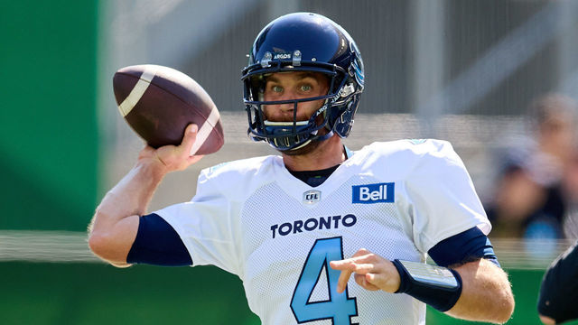 REGINA, SK - JULY 24: McLeod Bethel-Thompson #4 of the Toronto Argonauts warms up before the game against the Saskatchewan Roughriders at Mosaic Stadium on July 24, 2022 in Regina, Canada.
