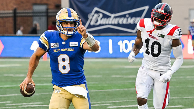 MONTREAL, QC - AUGUST 04: Winnipeg Blue Bombers quarterback Zach Collaros (8) gets ready to pass the ball during the Winnipeg Blue Bombers versus the Montreal Alouettes game on August 04, 2022, at Percival Molson Memorial Stadium in Montreal, QC
