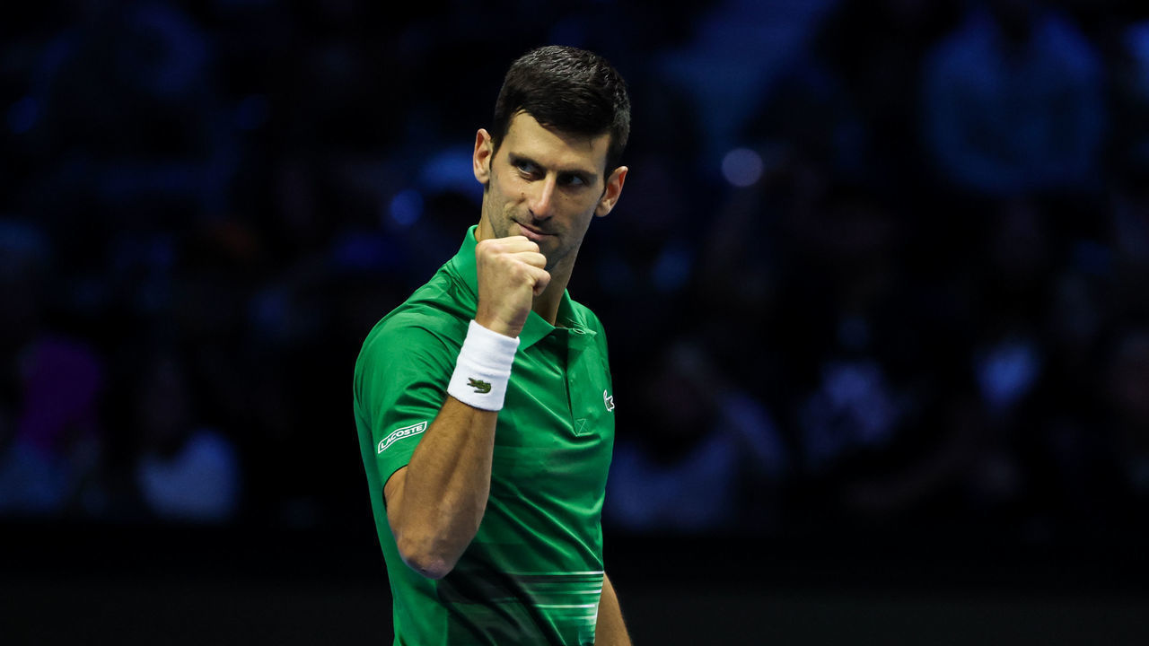 TURIN, ITALY - NOVEMBER 16: Novak Djokovic of Serbia reacts during his Round Robin Singles match against Andrey Rublev during day four of the Nitto ATP Finals at Pala Alpitour on November 16, 2022 in Turin, Italy.