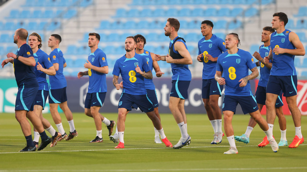 England's Kalvin Phillips and James Maddison outside the Souq News Photo  - Getty Images