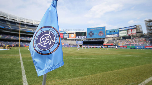 NEW YORK, NY - JULY 12: Logo of New York City on the corner flag in Yankee Stadium during the MLS match between Toronto FC and New York City at Yankee Stadium on July 12, 2015 in New York City.