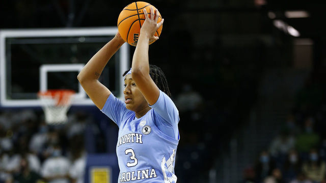 SOUTH BEND, IN - JANUARY 16: North Carolina Tar Heels guard Kennedy Todd-Williams (3) looks to make a pass during a womens college basketball game between the North Carolina Tar Heels and the Notre Dame Fighting Irish on January 16, 2022 at Purcell Pavilion in South Bend, IN.