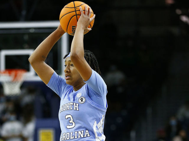 SOUTH BEND, IN - JANUARY 16: North Carolina Tar Heels guard Kennedy Todd-Williams (3) looks to make a pass during a womens college basketball game between the North Carolina Tar Heels and the Notre Dame Fighting Irish on January 16, 2022 at Purcell Pavilion in South Bend, IN.