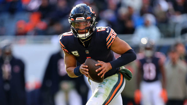CHICAGO, ILLINOIS - NOVEMBER 13: Justin Fields #1 of the Chicago Bears attempts a pass during the third quarter against the Detroit Lions at Soldier Field on November 13, 2022 in Chicago, Illinois.