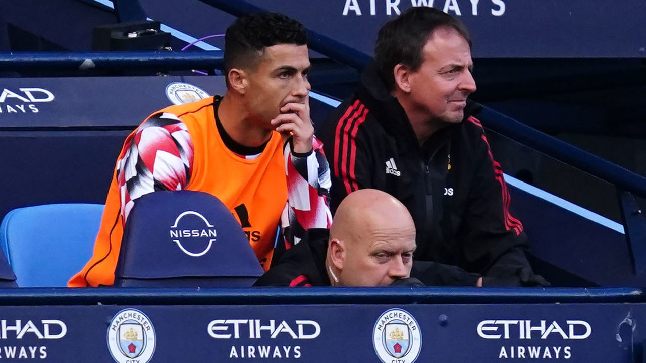 Manchester United's Cristiano Ronaldo reacts on the bench during the Premier League match at the Etihad Stadium, Manchester. Picture date: Sunday October 2, 2022.