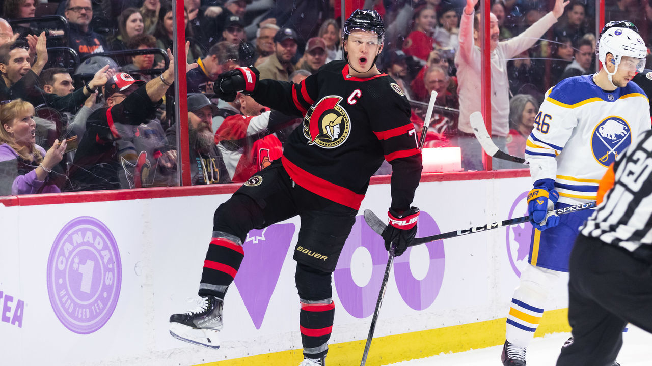 OTTAWA, ON - NOVEMBER 16: Ottawa Senators Left Wing Brady Tkachuk (7) celebrates his goal during second period National Hockey League action between the Buffalo Sabres and Ottawa Senators on November 16, 2022, at Canadian Tire Centre in Ottawa, ON, Canada.