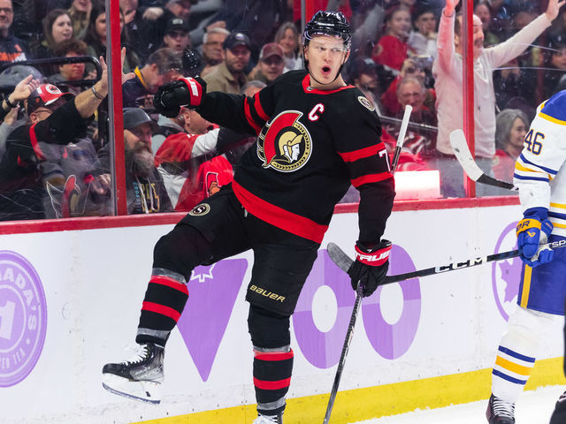 OTTAWA, ON - NOVEMBER 16: Ottawa Senators Left Wing Brady Tkachuk (7) celebrates his goal during second period National Hockey League action between the Buffalo Sabres and Ottawa Senators on November 16, 2022, at Canadian Tire Centre in Ottawa, ON, Canada.