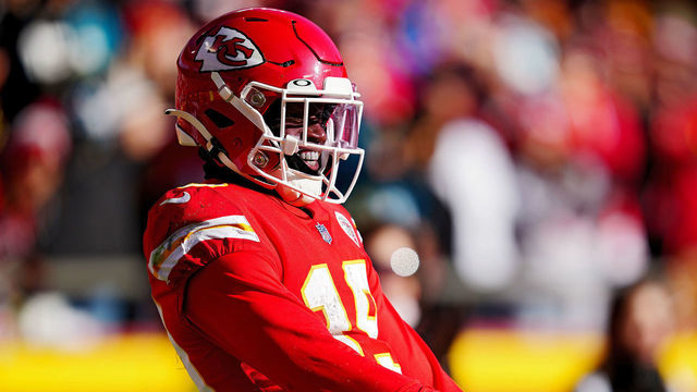 KANSAS CITY, MISSOURI - NOVEMBER 13: Kadarius Toney #19 of the Kansas City Chiefs reacts after catching a pass in traffic during the third quarter of the game against the Jacksonville Jaguars at Arrowhead Stadium on November 13, 2022 in Kansas City, Missouri.