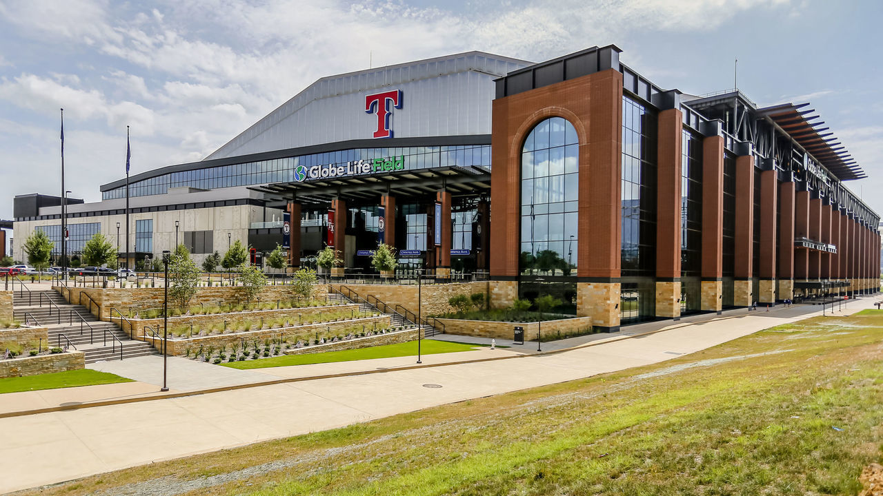 ARLINGTON, TX - JULY 05: A view of the outside of Globe Life Field during day 3 of summer camp workouts for the Texas Rangers on July 05, 2020 at Globe Life Field in Arlington, TX.Photo by Matthew Pearce/Icon Sportswire via Getty Images)