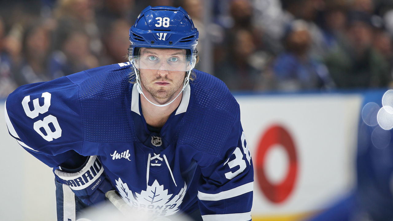 TORONTO, CANADA - NOVEMBER 8: Rasmus Sandin #38 of the Toronto Maple leafs waits for a puck drop against the Vegas Golden Knights during an NHL game at Scotiabank Arena on November 8, 2022 in Toronto, Ontario, Canada. The Golden Knights defeated the Maple Leafs 4-3 in overtime.