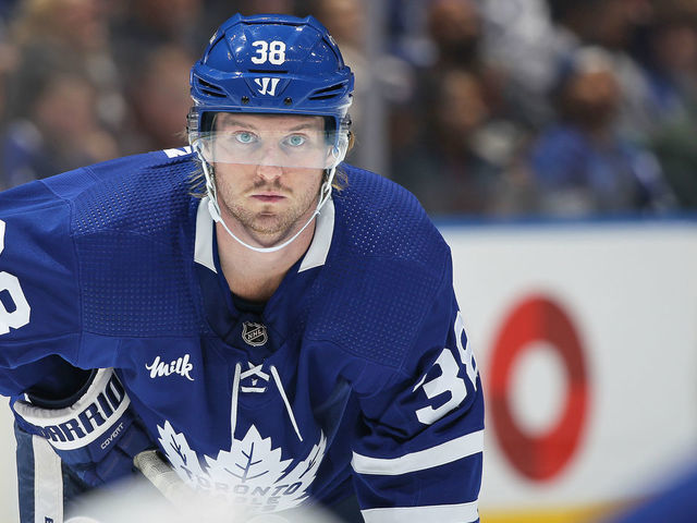 TORONTO, CANADA - NOVEMBER 8: Rasmus Sandin #38 of the Toronto Maple leafs waits for a puck drop against the Vegas Golden Knights during an NHL game at Scotiabank Arena on November 8, 2022 in Toronto, Ontario, Canada. The Golden Knights defeated the Maple Leafs 4-3 in overtime.