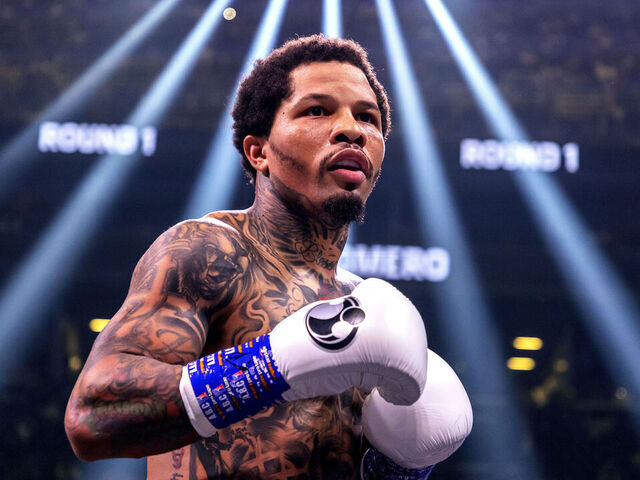 BROOKLYN, NEW YORK - MAY 28: Gervonta Davis in action against Rolando Romero during their fight for Davis' WBA World lightweight title at Barclays Center on May 28, 2022 in Brooklyn, New York.