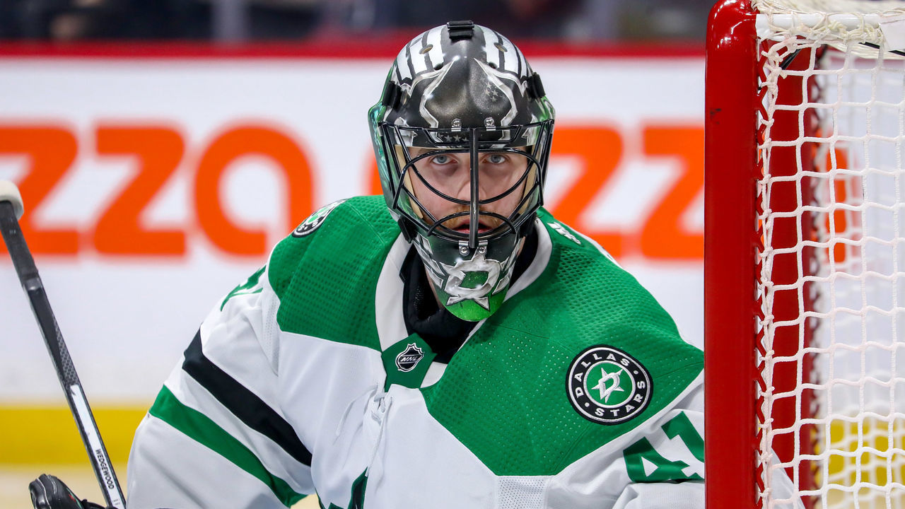 WINNIPEG, CANADA - NOVEMBER 8: Goaltender Scott Wedgewood #41 of the Dallas Stars keeps an eye on the play during second period action against the Winnipeg Jets at the Canada Life Centre on November 8, 2022 in Winnipeg, Manitoba, Canada. The Jets defeated the Stars 5-1.
