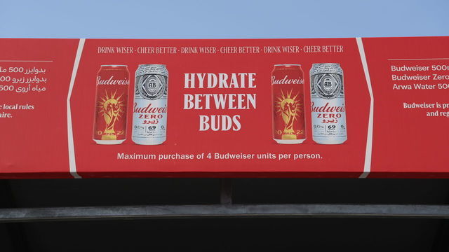 DOHA, QATAR - NOVEMBER 18: A sign over a Budweiser beer stand at Fan Festival ahead of the FIFA World Cup Qatar 2022 at Fan Festival Al Bidda Park on November 18, 2022 in Doha, Qatar.