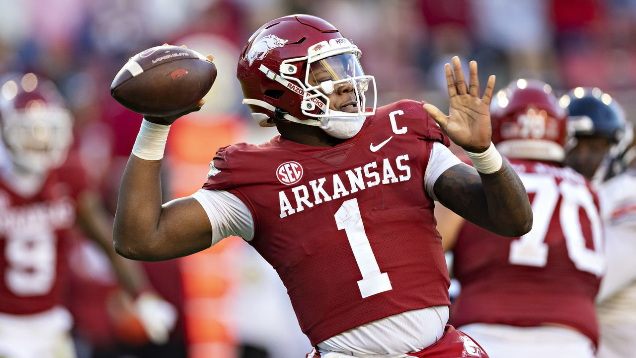 FAYETTEVILLE, ARKANSAS - NOVEMBER 05: KJ Jefferson #1 of the Arkansas Razorbacks throws a pass during a game against the Liberty Flames at Donald W. Reynolds Razorback Stadium on November 5, 2022 in Fayetteville, Arkansas. The Flames defeated the Razorbacks 21-19.