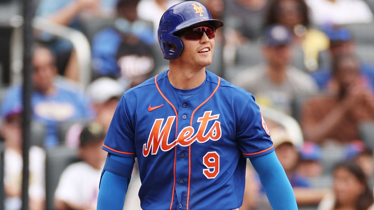 NEW YORK, NEW YORK - AUGUST 10: Brandon Nimmo #9 of the New York Mets reacts after striking out during the second inning against the Cincinnati Reds at Citi Field on August 10, 2022 in the Queens borough of New York City.