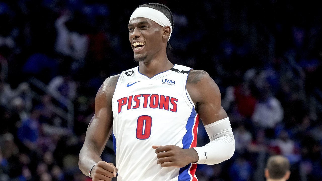 DETROIT, MICHIGAN - OCTOBER 19: Jalen Duren #0 of the Detroit Pistons smiles against the Orlando Magic at Little Caesars Arena on October 19, 2022 in Detroit, Michigan.