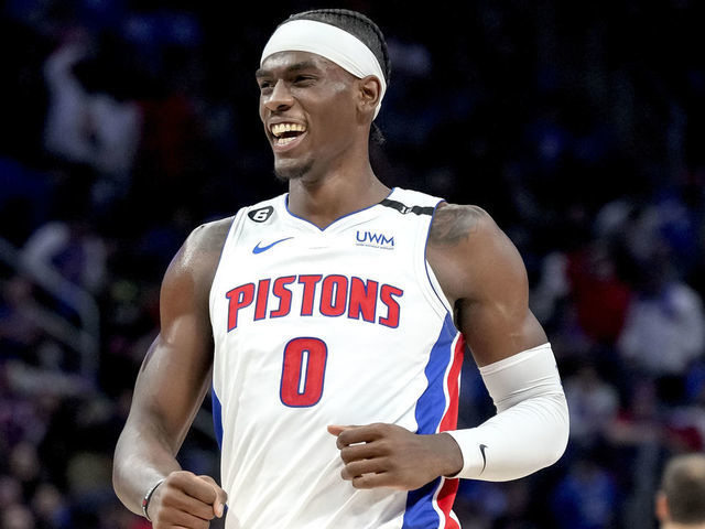 DETROIT, MICHIGAN - OCTOBER 19: Jalen Duren #0 of the Detroit Pistons smiles against the Orlando Magic at Little Caesars Arena on October 19, 2022 in Detroit, Michigan.