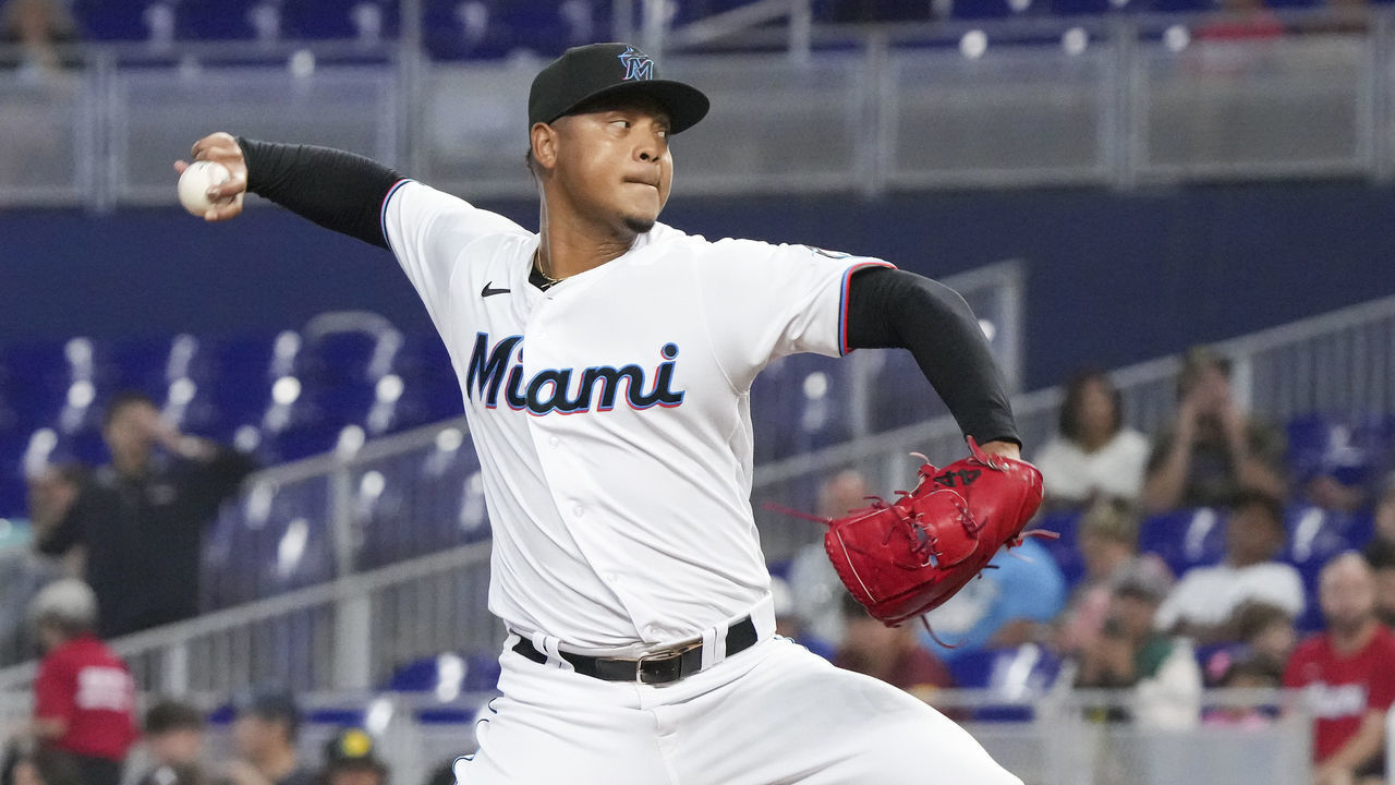 MIAMI, FLORIDA - OCTOBER 05: Elieser Hernandez #57 of the Miami Marlins throws a pitch during the first inning of the game against the Atlanta Braves at loanDepot park on October 05, 2022 in Miami, Florida.