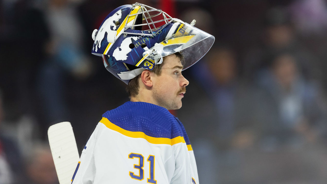 OTTAWA, ON - NOVEMBER 16: Buffalo Sabres Goalie Eric Comrie (31) after a whistle during second period National Hockey League action between the Buffalo Sabres and Ottawa Senators on November 16, 2022, at Canadian Tire Centre in Ottawa, ON, Canada.