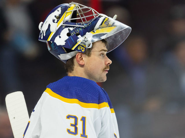 OTTAWA, ON - NOVEMBER 16: Buffalo Sabres Goalie Eric Comrie (31) after a whistle during second period National Hockey League action between the Buffalo Sabres and Ottawa Senators on November 16, 2022, at Canadian Tire Centre in Ottawa, ON, Canada.
